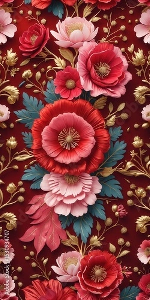 Fototapeta Elegant floral pattern with red and pink flowers, golden accents, and green leaves on a deep red background