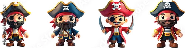 Fototapeta Cut out set of vector Plush Pirate Character Toy Isolated on Transparent White Background.