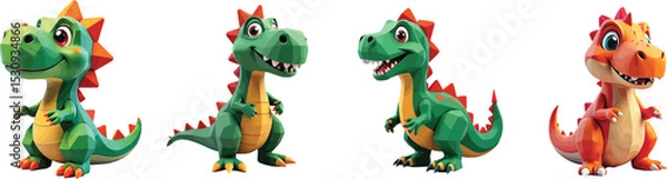 Fototapeta Cut out set of vector Cartoon Dinosaur Plush Toy Isolated on Transparent White Background.