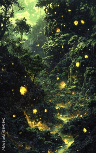 Fototapeta Enchanted Forest Path Glowing Lights and Lush Greenery at Night