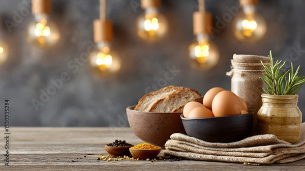 Obraz Rustic kitchen scene featuring fresh ingredients like eggs, bread, and spices, with warm lighting creating a cozy atmosphere for culinary inspiration. Selective focus