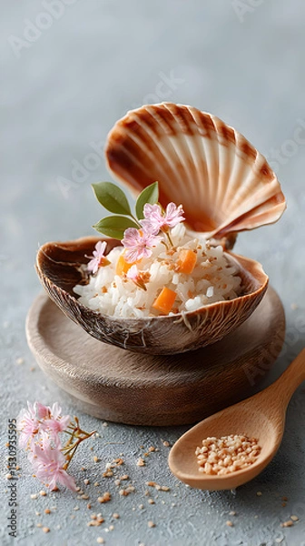 Obraz Rice dish presented in a scallop shell garnished with delicate flowers and leaves on a wooden plate, showcasing culinary artistry and elegance. Selective focus