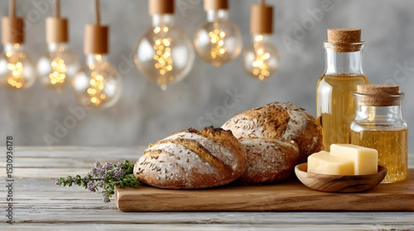 Obraz Freshly baked artisan bread loaves on wooden cutting board with butter and olive oil, surrounded by warm ambient lighting creating a cozy atmosphere. Selective focus