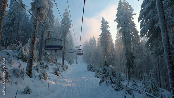 Fototapeta A ski lift quietly ascends through a serene, snow-covered forest shrouded in soft morning fog. The scene captures the calm beauty of winter and the quiet anticipation of a day on the slopes.