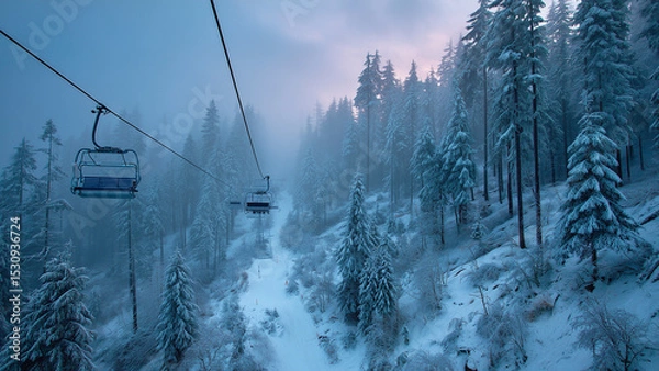 Fototapeta A ski lift quietly ascends through a serene, snow-covered forest shrouded in soft morning fog. The scene captures the calm beauty of winter and the quiet anticipation of a day on the slopes.