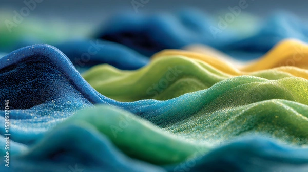 Obraz Abstract colorful waves of textured sand create a mesmerizing visual effect, showcasing vibrant hues of blue, green, and yellow in a dynamic composition. Selective focus
