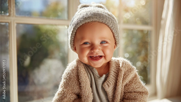 Fototapeta A baby is smiling brightly in natural light, radiating warmth and positivity. The image captures the uplifting message that a genuine smile can boost mood and heal emotional stress.