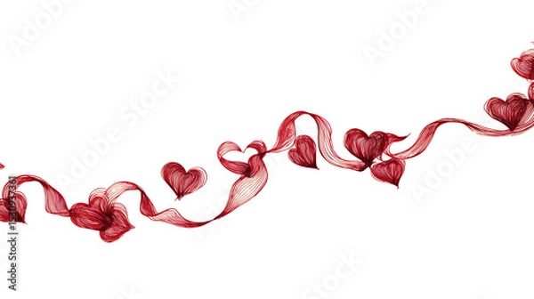 Fototapeta Flowing red ribbon adorned with heart shapes, set against a clean white background, ideal for romantic themes