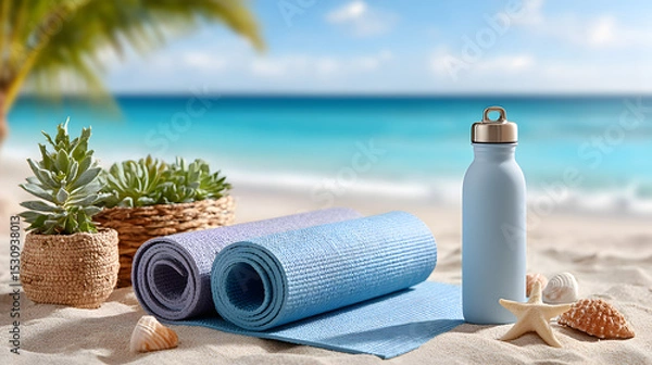 Obraz Yoga mats rolled up beside a water bottle and decorative plants on sandy beach, with ocean waves and palm trees in the background, promoting relaxation and wellness. Selective focus