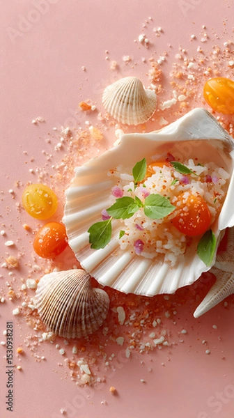 Obraz Fresh seafood dish presented in a large seashell, garnished with herbs and colorful vegetables, showcasing culinary artistry and vibrant presentation. Selective focus