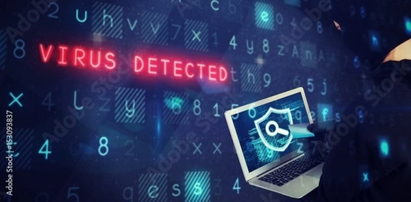Fototapeta Composite image of hacker using laptop and debit card