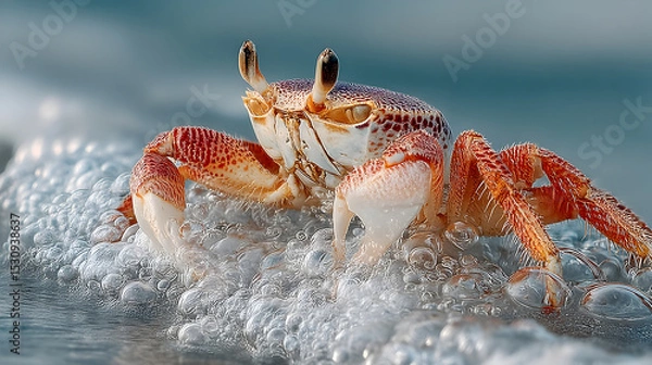 Obraz Close-up of a vibrant crab emerging from bubbles on a sandy shore, showcasing intricate details and textures of marine life in its natural habitat. Selective focus