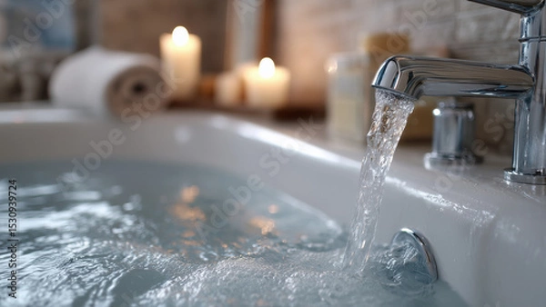 Fototapeta Close-up of clear water flowing from a modern faucet into a steamy bathtub. Soft lighting, gentle ripples, and minimal decor evoke relaxation and calm in a quiet, neutral-toned bathroom.