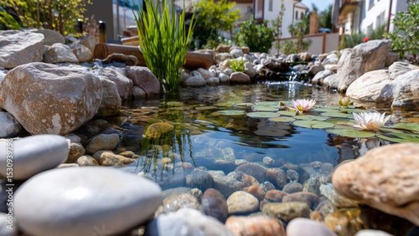 Fototapeta A serene pond rests in a landscaped home garden, surrounded by smooth stones, water lilies, and soft greenery. Sunlight shimmers on still water, with bamboo and stepping stones adding Zen harmony.