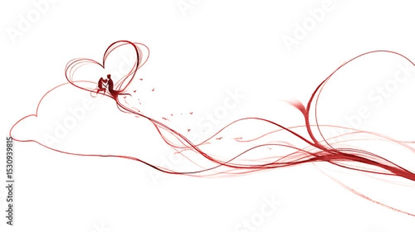 Fototapeta Romantic couple silhouetted against a heart-shaped cloud, with flowing red lines symbolizing love