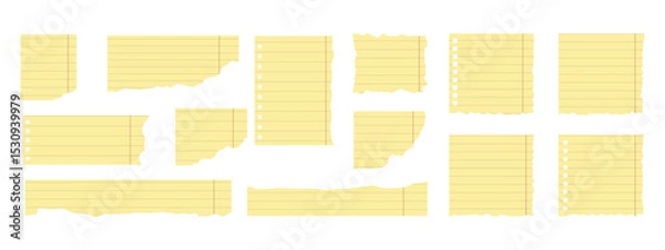 Fototapeta Set of lined legal pad torn notebook yellow paper sheets with rough edges and punch holes, blank and isolated on grey background. School or office note paper. Vector illustration in flat style. 