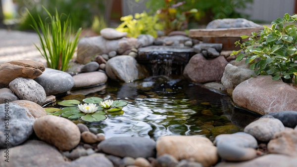 Fototapeta A serene pond rests in a landscaped home garden, surrounded by smooth stones, water lilies, and soft greenery. Sunlight shimmers on still water, with bamboo and stepping stones adding Zen harmony.