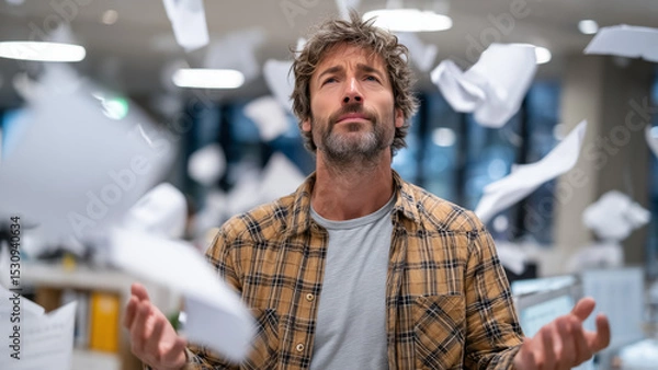 Fototapeta A stressed professional stands before a printer, hands on head, surrounded by flying papers. Cool lighting and blurred office background highlight the chaos and pressure of workplace overload.