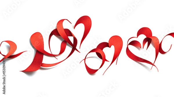 Fototapeta A vibrant display of red paper hearts elegantly arranged on a white background, symbolizing love