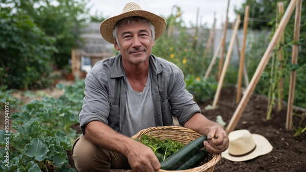 Fototapeta A sun-weathered gardener crouches in a lush vegetable patch, holding a basket of fresh tomatoes, cucumbers, and greens. Soil-speckled hands gently cradle a plump, rain-kissed zucchini.