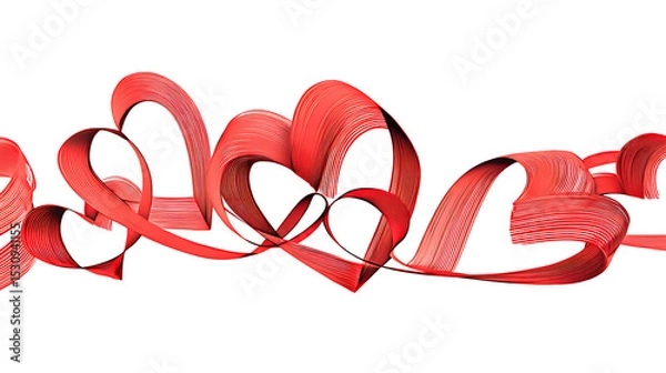 Fototapeta Flowing red ribbons shaped as hearts, symbolizing love and affection against a white backdrop