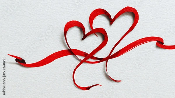 Fototapeta Two intertwined red ribbon hearts on a textured white background, symbolizing love and celebration