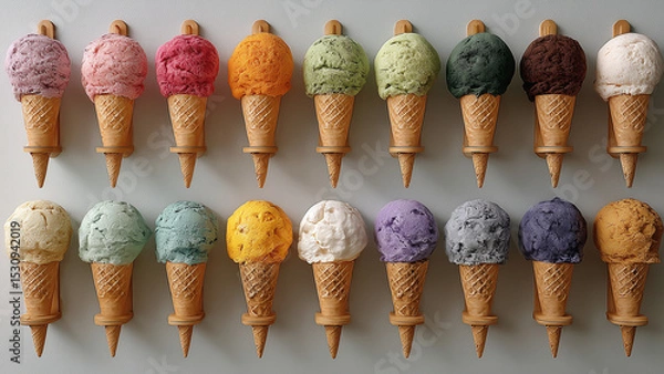 Fototapeta A white wall showcases vertical rows of ice cream cones, each topped with vibrant, slightly melting scoops in assorted flavors. The colorful display evokes freshness, summer fun, and sweet variety.