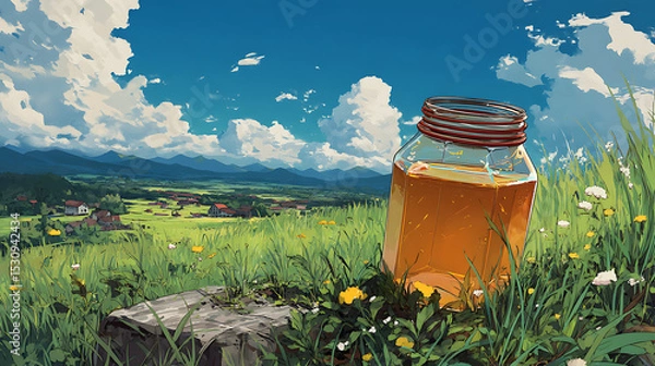 Fototapeta A serene landscape featuring a jar of honey on a rock, surrounded by vibrant wildflowers and mountains