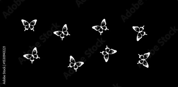 Fototapeta Eight white butterflies scattered across a black background in a minimalist and elegant arrangement