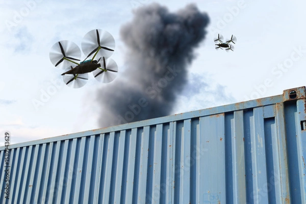 Obraz Military drones carrying bombs fly out of a blue container against a thick column of smoke.