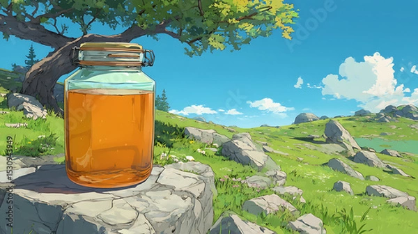 Fototapeta A glass jar filled with amber liquid sits on a rocky surface in a vibrant green landscape under a clear sky
