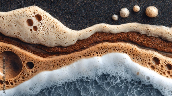 Obraz Abstract close-up of foamy waves meeting sandy shore, showcasing intricate textures and patterns in nature, evoking a sense of tranquility and beauty. Selective focus