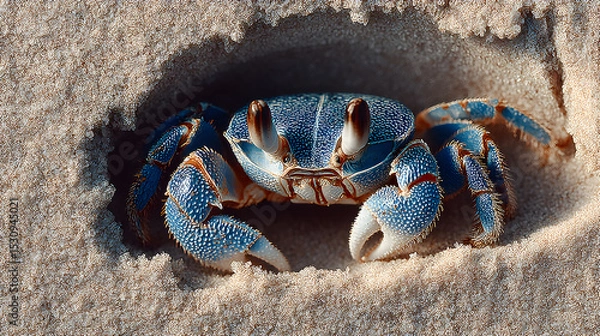 Obraz Blue crab emerging from sandy burrow, showcasing intricate textures and vibrant colors, highlighting marine life in natural habitat. Selective focus