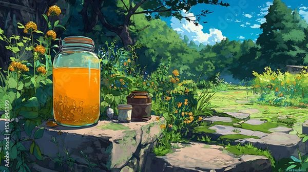 Fototapeta A vibrant garden scene featuring a large jar of orange liquid on a stone surface amidst blooming flowers
