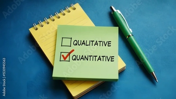 Fototapeta Person selecting between qualitative and quantitative written on sticky notes, symbolizing decision-making in research
