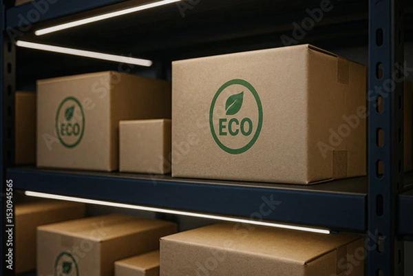 Fototapeta Eco-friendly cardboard boxes with a green leaf logo are neatly stacked on black metal shelves in a dimly lit storage area.