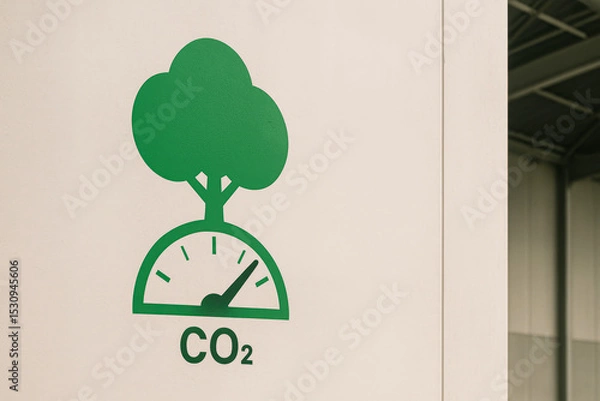 Fototapeta A green graphic showing a tree growing from a CO2 gauge, symbolizing carbon dioxide measurement or reduction.