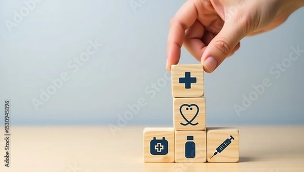 Fototapeta Hand placing wooden block with plus sign healthcare concept