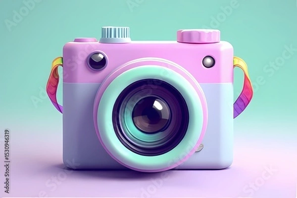 Obraz Chubby camera icon with oversized lens, rainbow strap, and blinking shutter eye — rendered in pastel lavender and mint