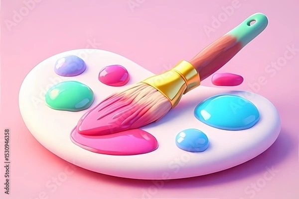 Obraz Bubble-style paint palette with rounded paint blobs and a smiling brush dipped in pink — cheerful and colorful.