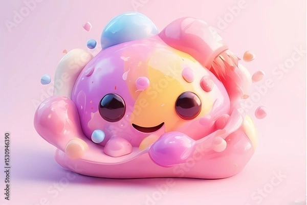 Obraz Bubble-style paint palette with rounded paint blobs and a smiling brush dipped in pink — cheerful and colorful.