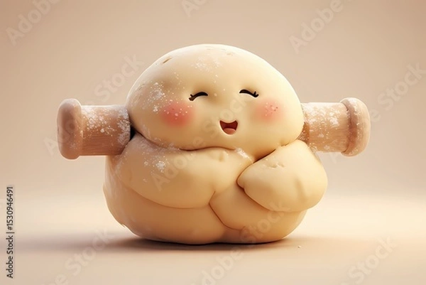 Obraz Rolling pin hugging dough with a face imprint — lightly floured and blushing, in bakery beige tones