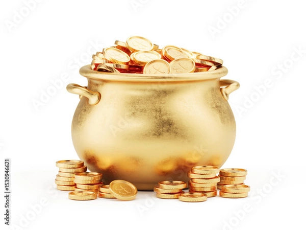 Obraz Pot full of gold coins isolated on white. St Patrick's day concept. 3d rendering