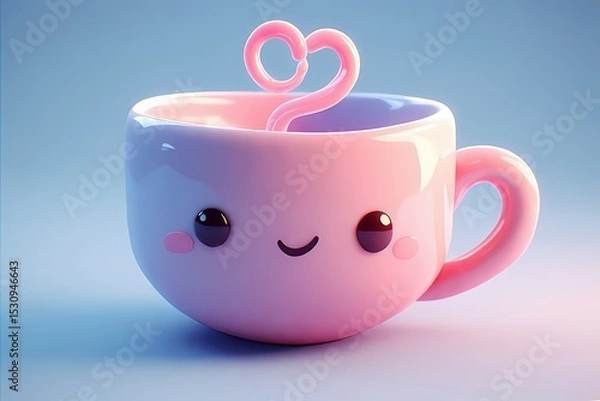 Obraz Smiling teacup with a tiny steam swirl shaped like a heart — glossy ceramic finish in baby blue and pink
