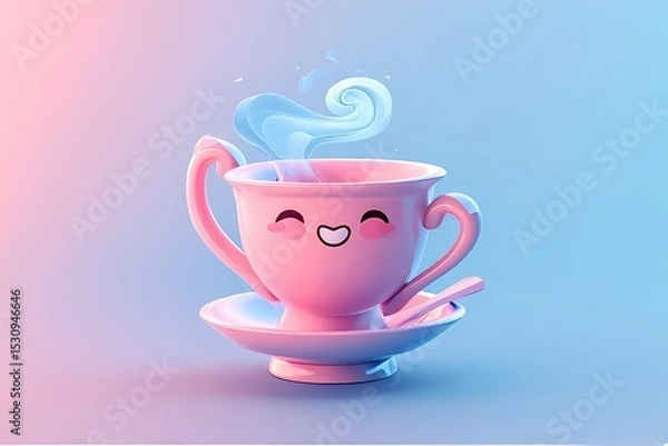 Obraz Smiling teacup with a tiny steam swirl shaped like a heart — glossy ceramic finish in baby blue and pink