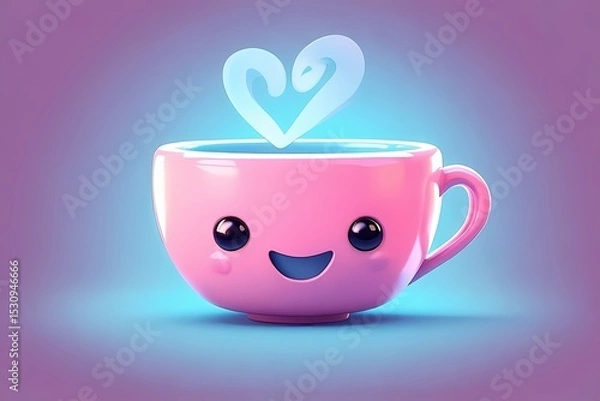 Obraz Smiling teacup with a tiny steam swirl shaped like a heart — glossy ceramic finish in baby blue and pink