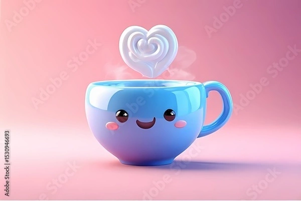 Obraz Smiling teacup with a tiny steam swirl shaped like a heart — glossy ceramic finish in baby blue and pink