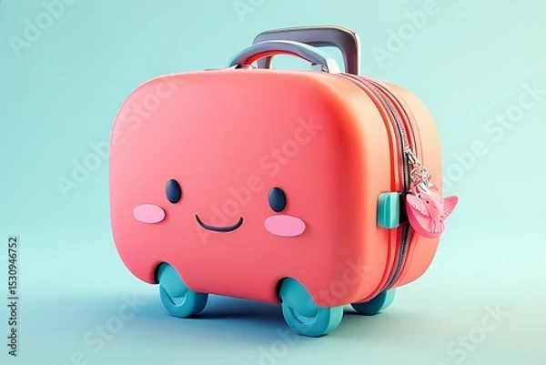 Obraz Round suitcase with happy face, blushing wheels, and dangling passport charm — rendered in glossy coral and turquoise
