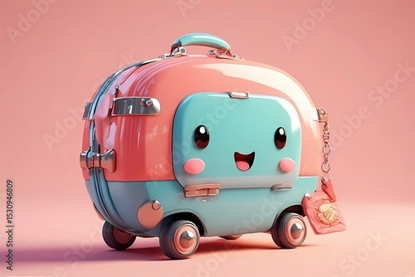 Obraz Round suitcase with happy face, blushing wheels, and dangling passport charm — rendered in glossy coral and turquoise