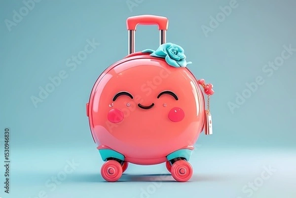 Obraz Round suitcase with happy face, blushing wheels, and dangling passport charm — rendered in glossy coral and turquoise
